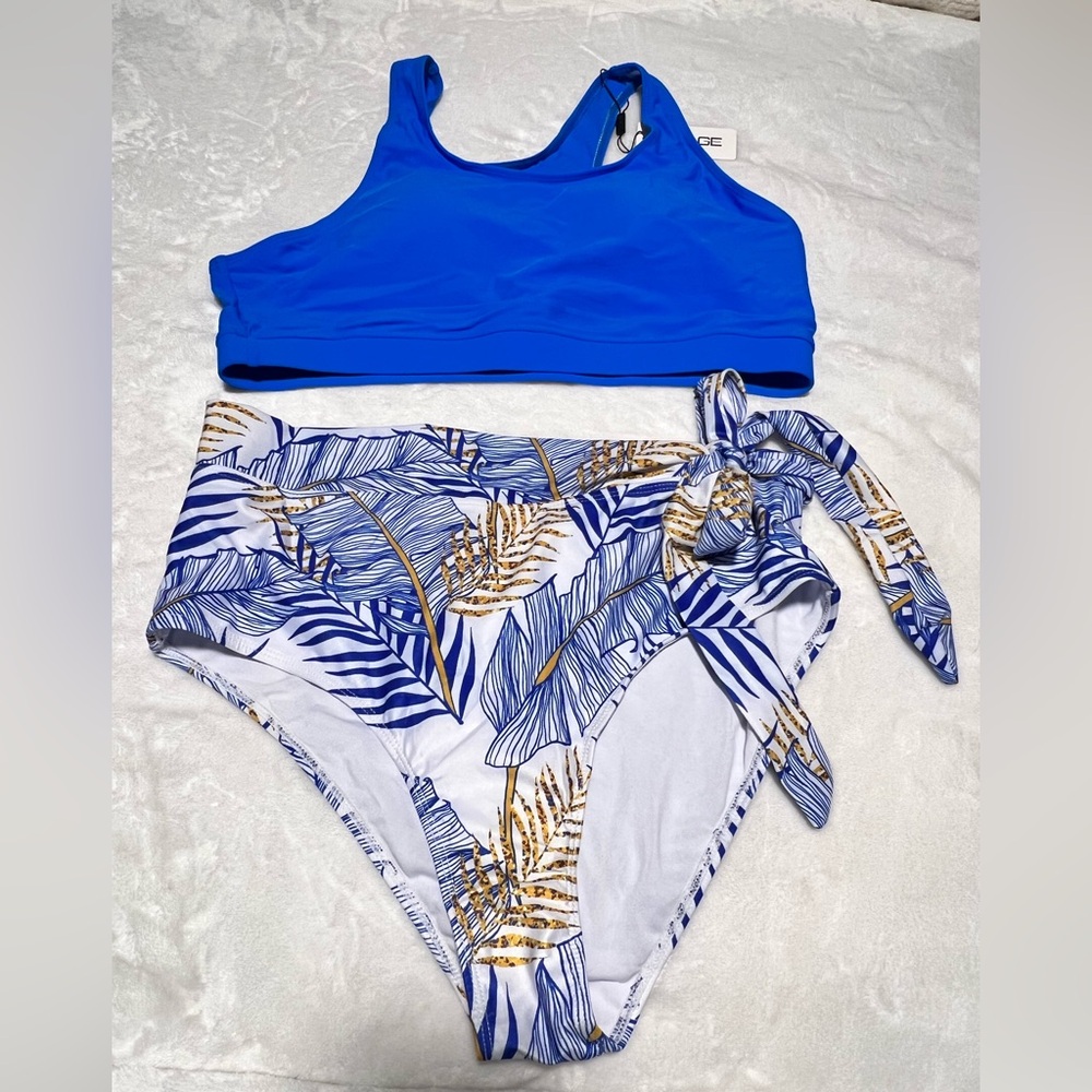 AIMAGE Blue Bikini Top with Leaf Print Bottom
